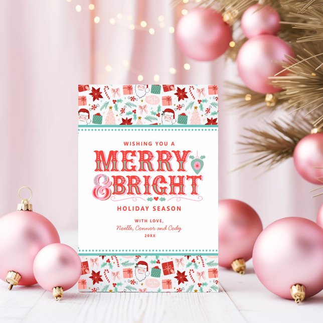 Cheerful Merry & Bright | Retro Pink and Red Holly Holiday Card (Creator Uploaded)