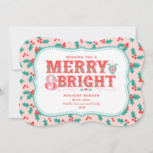 Cheerful Merry & Bright   Retro Pink and Red Holly Holiday Card