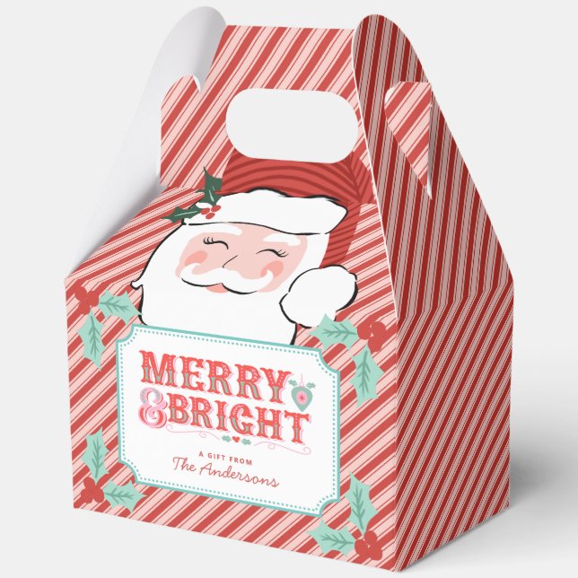Cheerful Merry & Bright | Retro Pink and Red Santa Favour Box (Front)