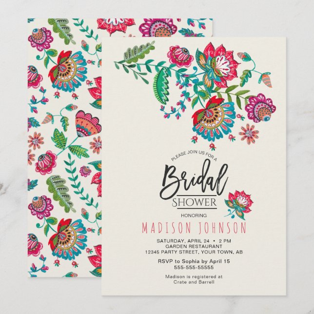 Cheerful Mexican Red & Turquoise Folk art Floral Invitation (Front/Back)