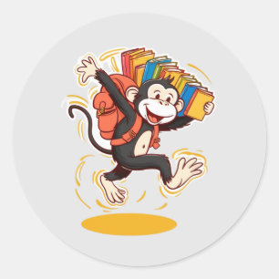 Cheerful Monkey School Cartoon Backpack & Book Fun Classic Round Sticker