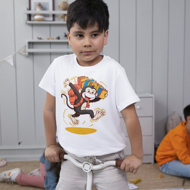 Cheerful Monkey School Cartoon Backpack & Book Fun T-Shirt (Cheerful Monkey School Cartoon Backpack & Book Fun)