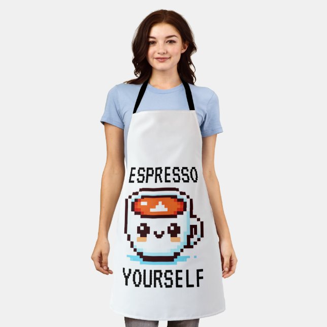 Cheerful Morning Brew - Pixel Coffee Cup Apron (Worn)