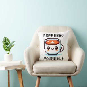 Cheerful Morning Brew - Pixel Coffee Cup Cushion