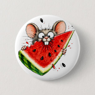 Cheerful mouse eats watermelon 6 cm round badge