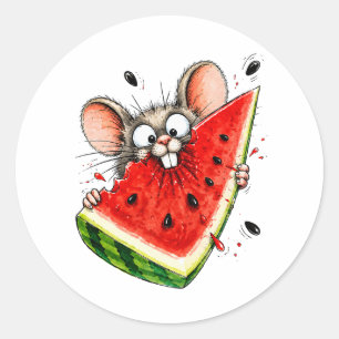 Cheerful mouse eats watermelon classic round sticker
