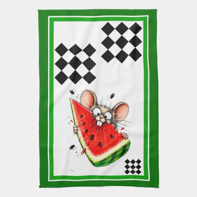 Cheerful mouse eats watermelon tea towel (Vertical)