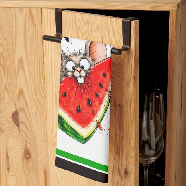 Cheerful mouse eats watermelon tea towel (Thirds Fold)
