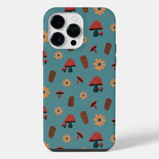 Cheerful Mushroom Nature Lover Pattern (Blue Teal) iPhone Case (Back)