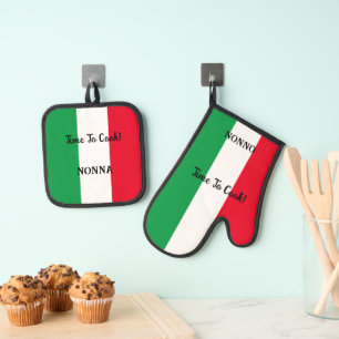 Cheerful Nonno or Nonna Time To Cook Italian Flag Oven Mitt & Pot Holder Set