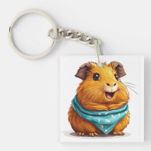 Cheerful Orange Guinea Pig With Blue Bandanna Key Ring