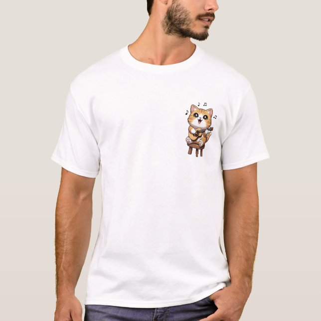 Cheerful Orange Tabby Cat Playing Acoustic Guitar T-Shirt (Front)