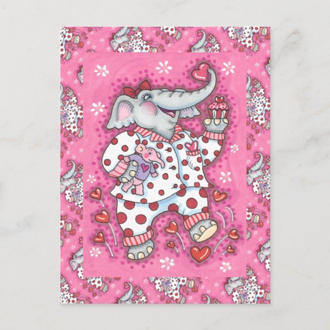 CHEERFUL PACHYDERM IN PINK PAJAMAS, HEART CUPCAKE HOLIDAY POSTCARD (Front)