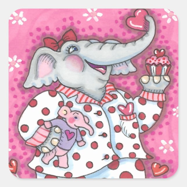 CHEERFUL PACHYDERM IN PINK PAJAMAS, HEART CUPCAKE SQUARE STICKER (Front)