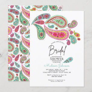 Cheerful Paisley Pink & Turquoise Folk art Floral Invitation