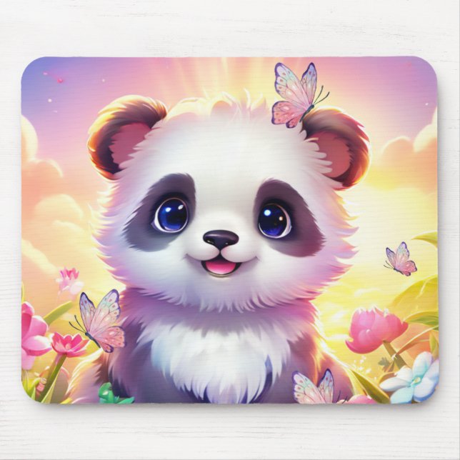 Cheerful Panada, Rainbows, Butterflies and Flowers Mouse Mat (Front)