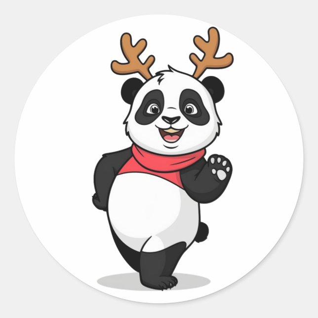 Cheerful Panda Christmas Classic Round Sticker (Front)