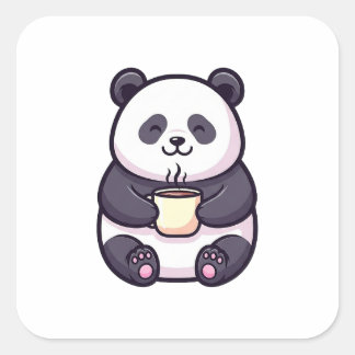 Cheerful Panda with Tea – Cute Whimsical Illustrat Square Sticker