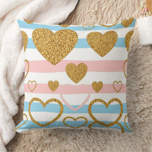 Cheerful Pastel Heart Stripe with Gold Details Cushion