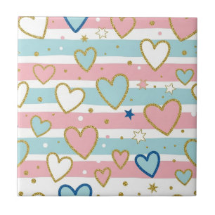 Cheerful Pastel Hearts with Metallic Gold Details Tile