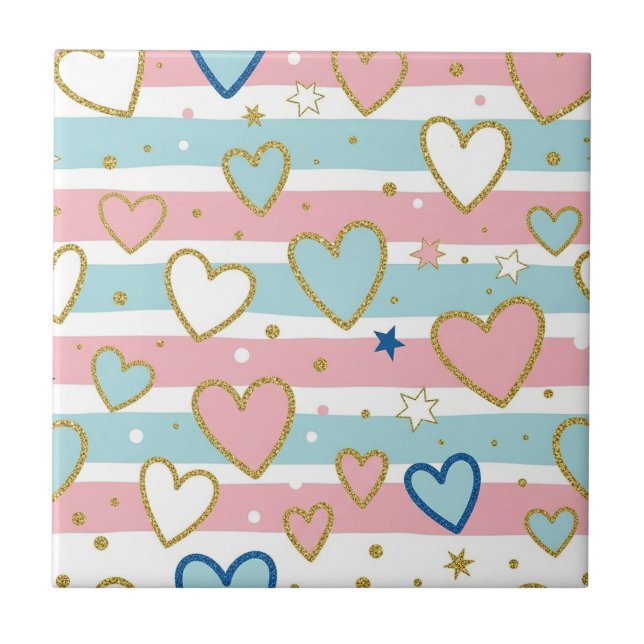 Cheerful Pastel Hearts with Metallic Gold Details Tile (Front)