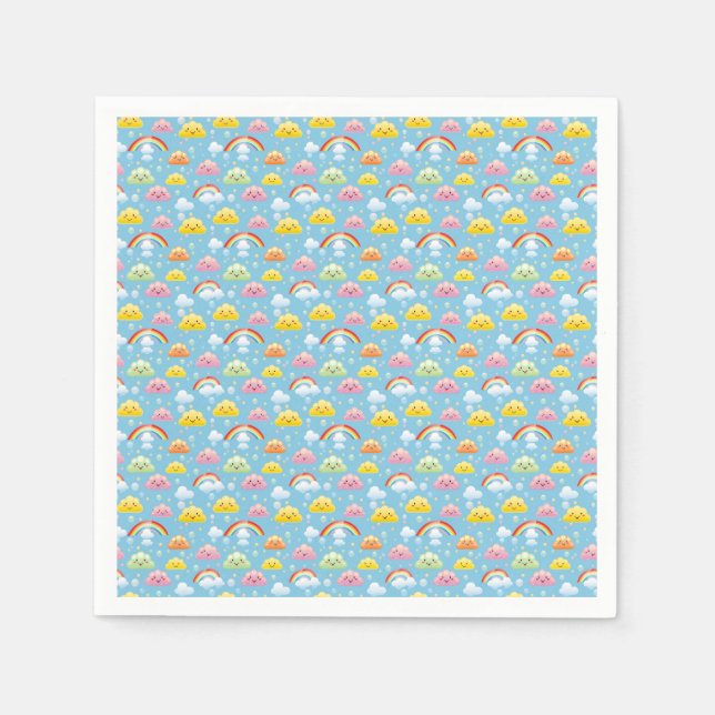 Cheerful Pattern with Smiling Clouds and Rainbow Napkin (Front)