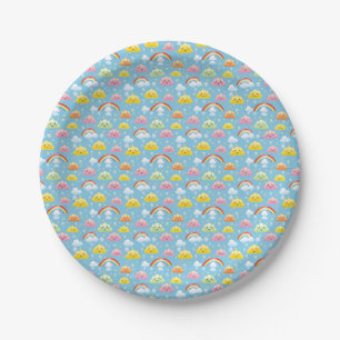 Cheerful Pattern with Smiling Clouds and Rainbow Paper Plate