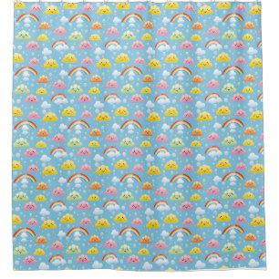 Cheerful Pattern with Smiling Clouds and Rainbow Shower Curtain