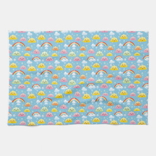 Cheerful Pattern with Smiling Clouds and Rainbow Tea Towel
