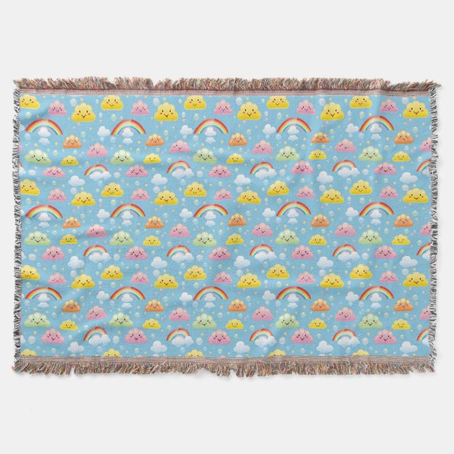 Cheerful Pattern with Smiling Clouds and Rainbow Throw Blanket (Front)