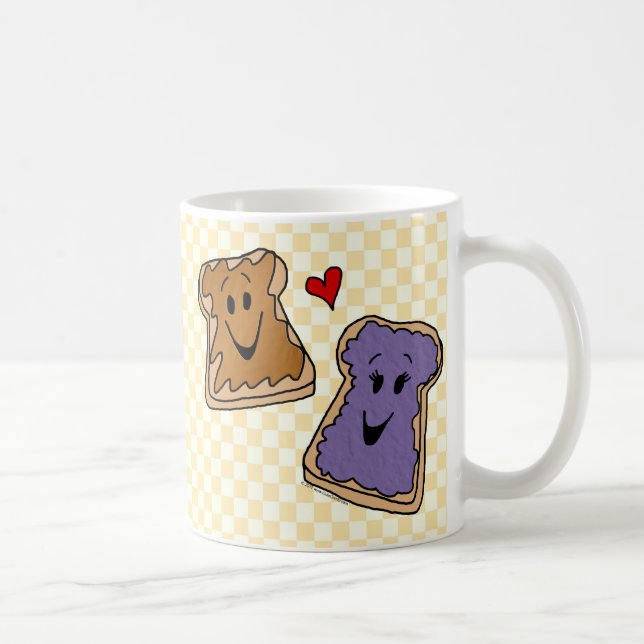Cheerful Peanut Butter and Jelly Cartoon Friends Coffee Mug (Right)