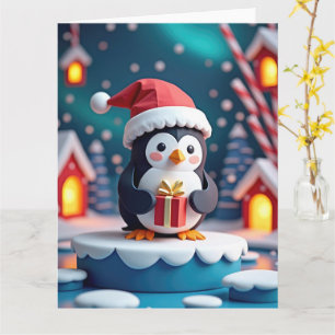 Cheerful Penguin with Gift in Snowy Christmas Card