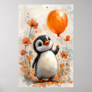 Cheerful Penguin with Orange Balloon Digital Paint Poster