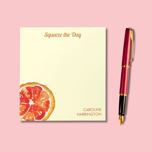 Cheerful Personalised  Notepad (Illustrated with my own hand-painted citrus slice, this pad reminds you to "Squeeze the Day"!
)