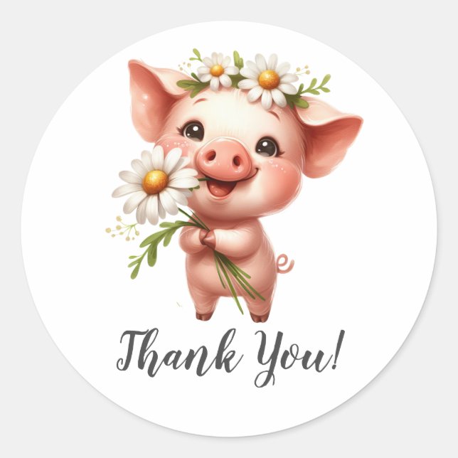 Cheerful Pig Holding Flower Thank You Classic Round Sticker (Front)