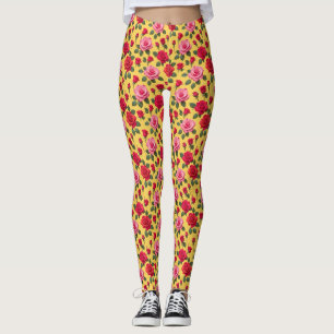Cheerful Pink And Red Roses On A Sunny Yellow  Leggings