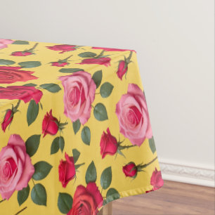Cheerful Pink And Red Roses On A Sunny Yellow  Tablecloth