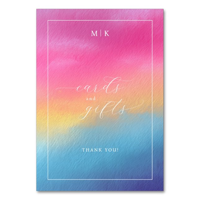 Cheerful Pink Blue Watercolor Gradient Table Number (Front)