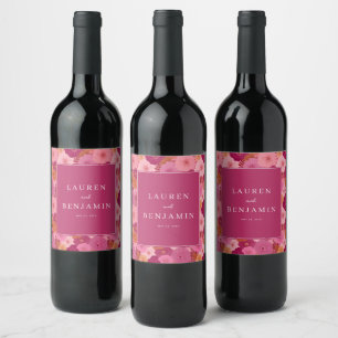 Cheerful Pink Floral Wedding Wine Label