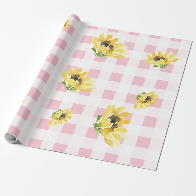 Cheerful Pink Gingham Sunflower Baby Shower Wrapping Paper (Unrolled)