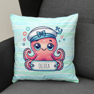 Cheerful Pink Octopus Holding Name Sign Cushion