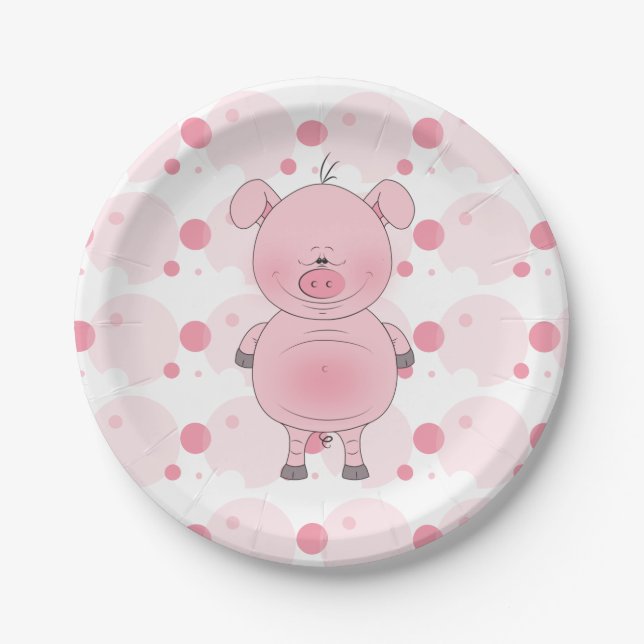 Cheerful Pink Pig Cartoon Paper Plate (Front)