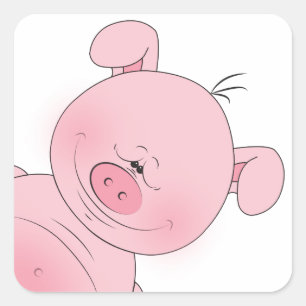 Cheerful Pink Pig Cartoon Square Sticker