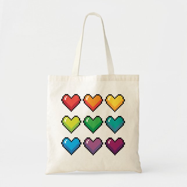 Cheerful Pixel Hearts in Rainbow Pattern Tote Bag (Front)