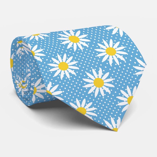 Cheerful Powder Blue Retro Daisy Flower Polka Dot  Tie (Rolled)