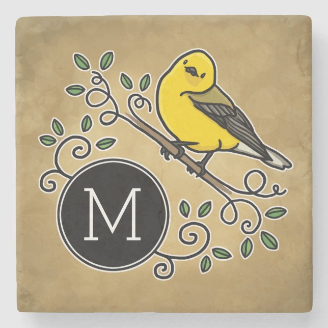 Cheerful Prothonotary Warbler with Modern Monogram Stone Coaster (Front)