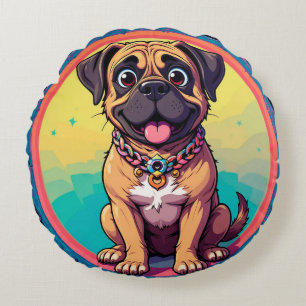  Cheerful Pug Colourful Cartoon Illustration Round Cushion