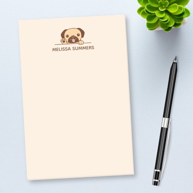 Cheerful Pug Dog Peeking above Custom Name Post-it Notes (Creator Uploaded)