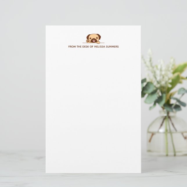 Cheerful Pug Dog Peeking above Custom Text Stationery (Standing Front)