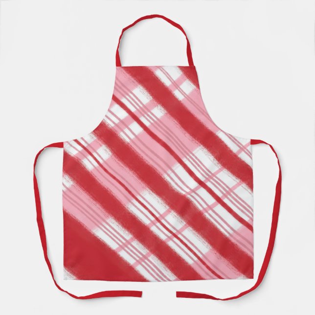 Cheerful Red and Pink Holiday Candy Cane Plaid Apron (Front)